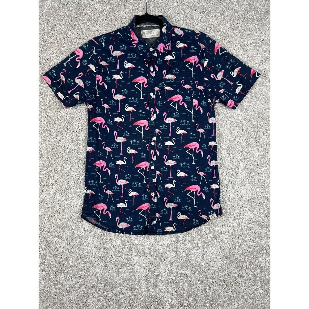 Free Planet Flamingo Print Shirt Mens M Tropical Hawaiian Button Up Beach